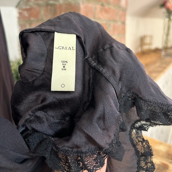 THE GREAT. 100% Silk 3/4 Sleeve Black Blouse With Ruffle Detail - Picture 4 of 4